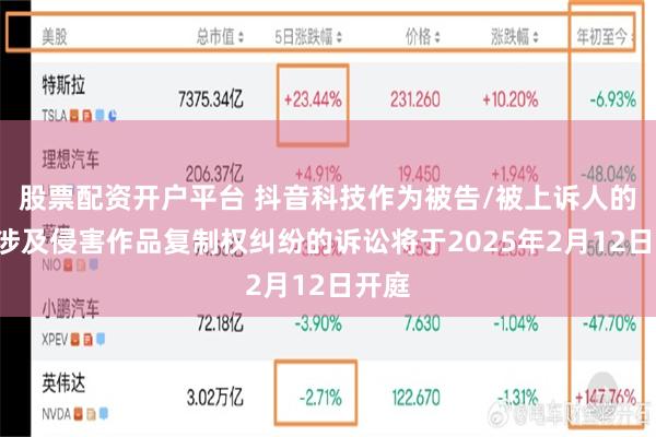 股票配资开户平台 抖音科技作为被告/被上诉人的5起涉及侵害作品复制权纠纷的诉讼将于2025年2月12日开庭